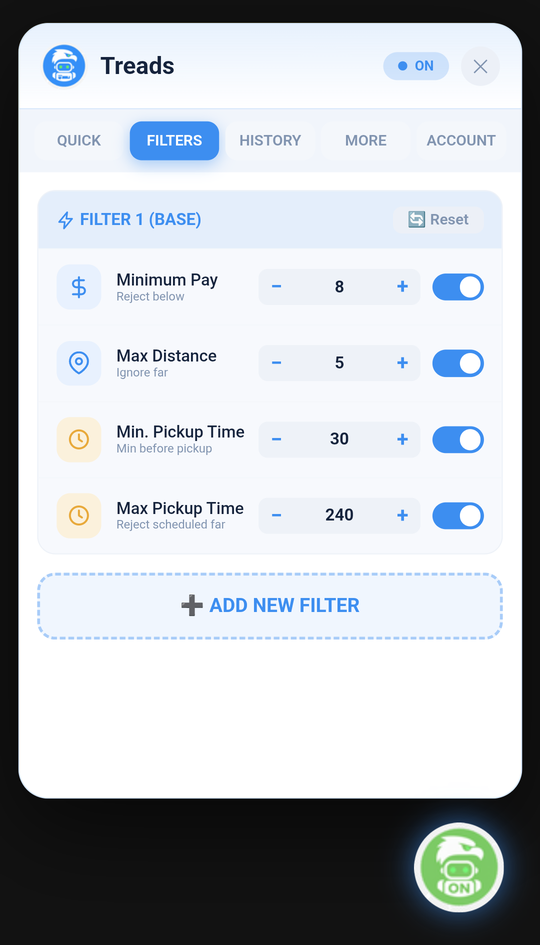 Pay, distance and time filters