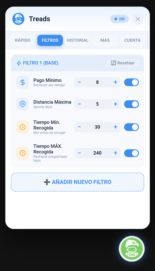 Filtros de pago, distancia y hora