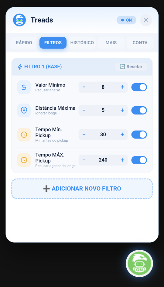 Filtros de valor, distância e horário